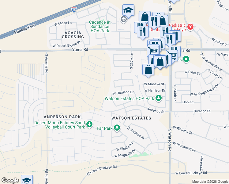 map of restaurants, bars, coffee shops, grocery stores, and more near 23882 West Harrison Drive in Buckeye