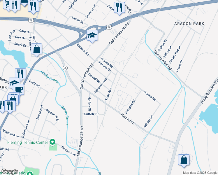 map of restaurants, bars, coffee shops, grocery stores, and more near 2323 Knox Avenue in Augusta