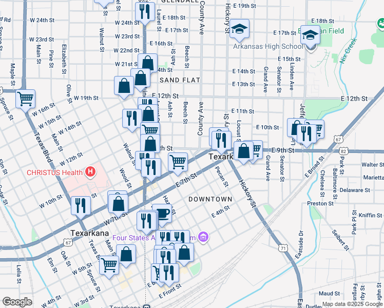 map of restaurants, bars, coffee shops, grocery stores, and more near 809 Beech Street in Texarkana