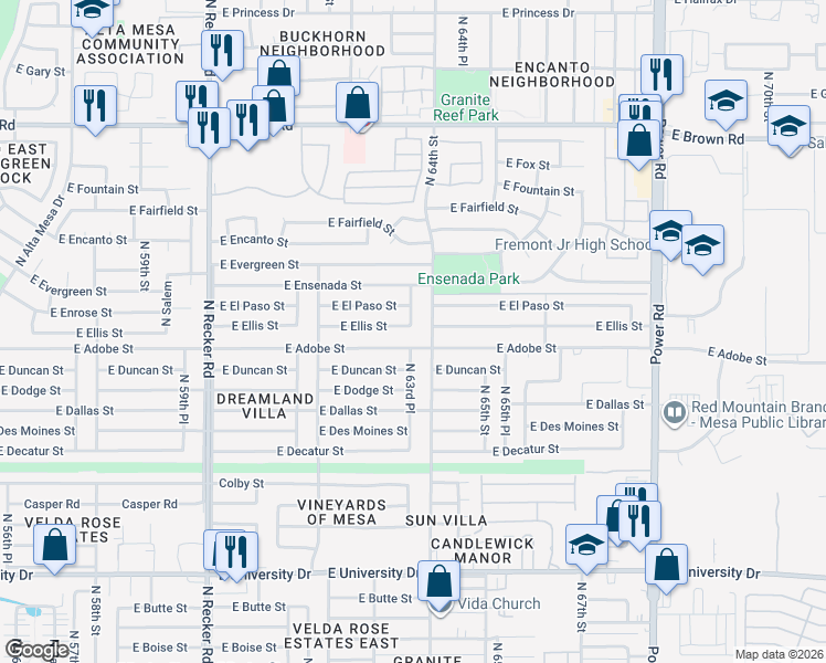 map of restaurants, bars, coffee shops, grocery stores, and more near 6326 East Adobe Street in Mesa