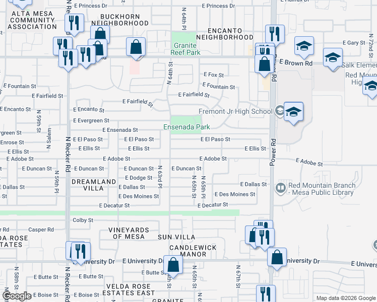 map of restaurants, bars, coffee shops, grocery stores, and more near 6449 East Ellis Street in Mesa