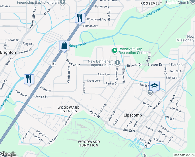 map of restaurants, bars, coffee shops, grocery stores, and more near 6120 Grove Avenue in Birmingham