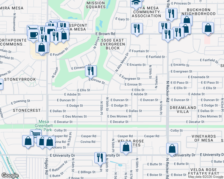 map of restaurants, bars, coffee shops, grocery stores, and more near 5620 East Adobe Street in Mesa