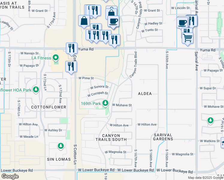 map of restaurants, bars, coffee shops, grocery stores, and more near 16910 West Cocopah Street in Goodyear