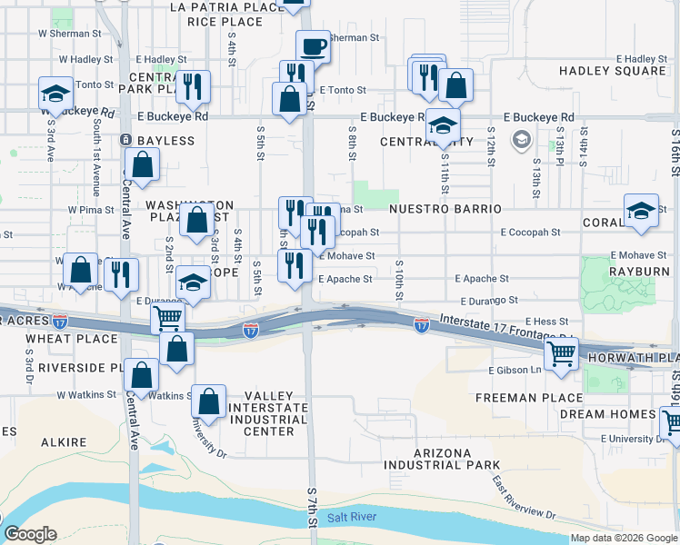 map of restaurants, bars, coffee shops, grocery stores, and more near 740 East Apache Street in Phoenix