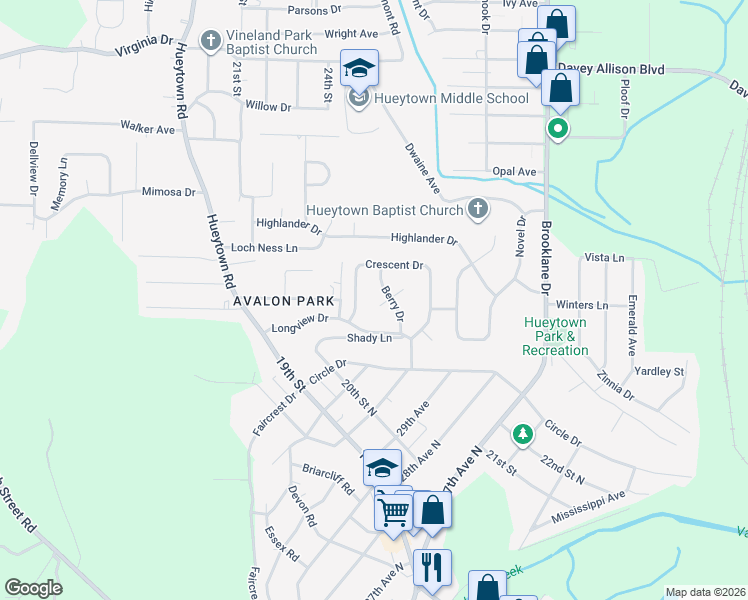 map of restaurants, bars, coffee shops, grocery stores, and more near 3332 Berry Drive in Hueytown