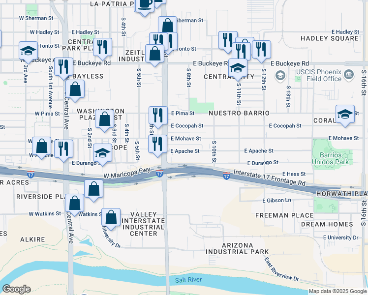 map of restaurants, bars, coffee shops, grocery stores, and more near 740 East Apache Street in Phoenix