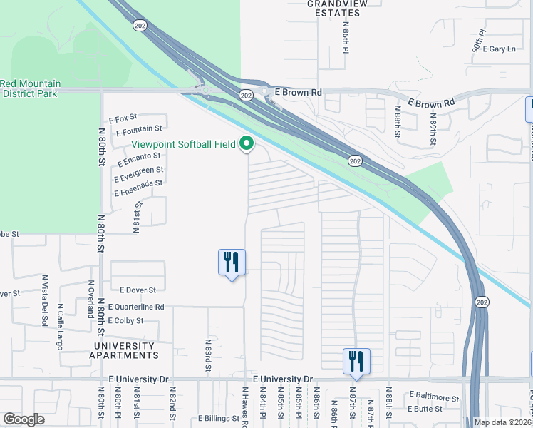map of restaurants, bars, coffee shops, grocery stores, and more near Ln 4800 in Mesa