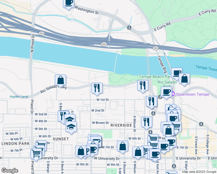 map of restaurants, bars, coffee shops, grocery stores, and more near 701 West Rio Salado Parkway in Tempe