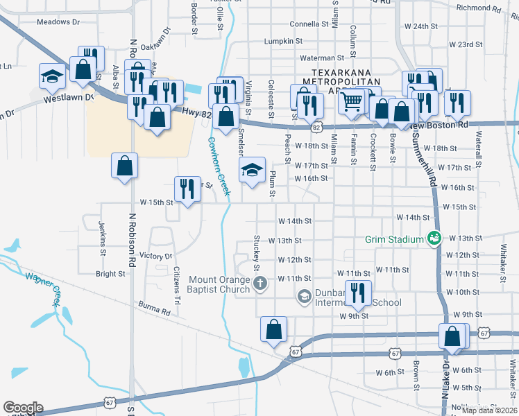 map of restaurants, bars, coffee shops, grocery stores, and more near 1408 Stuckey Street in Texarkana