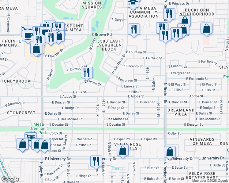 map of restaurants, bars, coffee shops, grocery stores, and more near 5620 East Adobe Street in Mesa