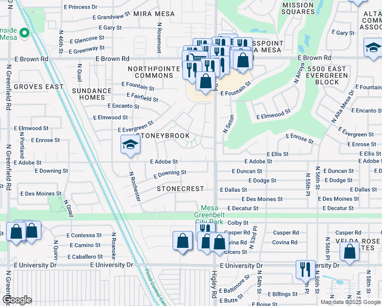map of restaurants, bars, coffee shops, grocery stores, and more near 5056 East Adobe Street in Mesa