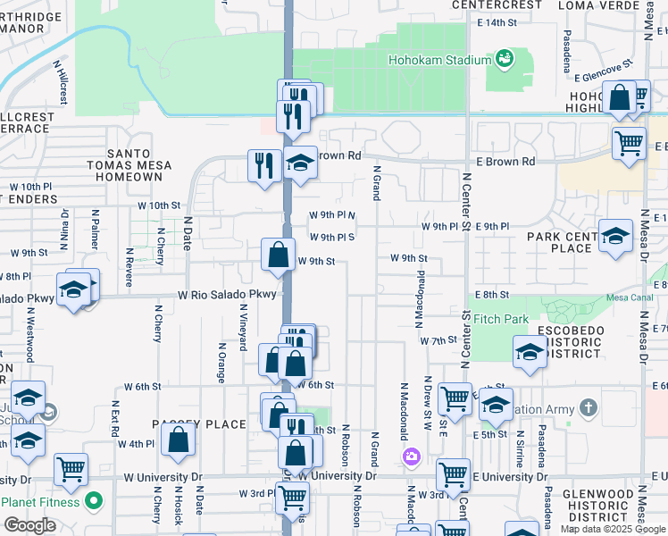 map of restaurants, bars, coffee shops, grocery stores, and more near 831 North Robson in Mesa