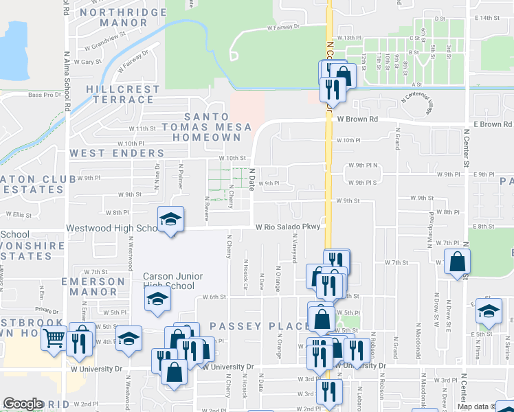 map of restaurants, bars, coffee shops, grocery stores, and more near 835 North Date in Mesa