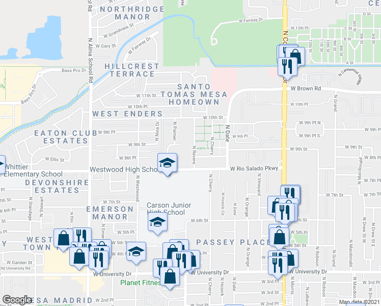 map of restaurants, bars, coffee shops, grocery stores, and more near 837 North Revere in Mesa