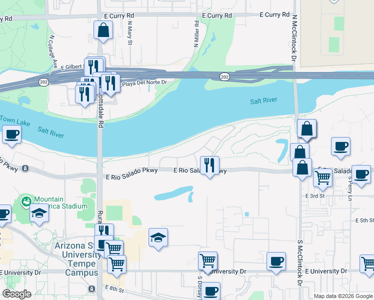 map of restaurants, bars, coffee shops, grocery stores, and more near 1200 East Rio Salado Parkway in Tempe