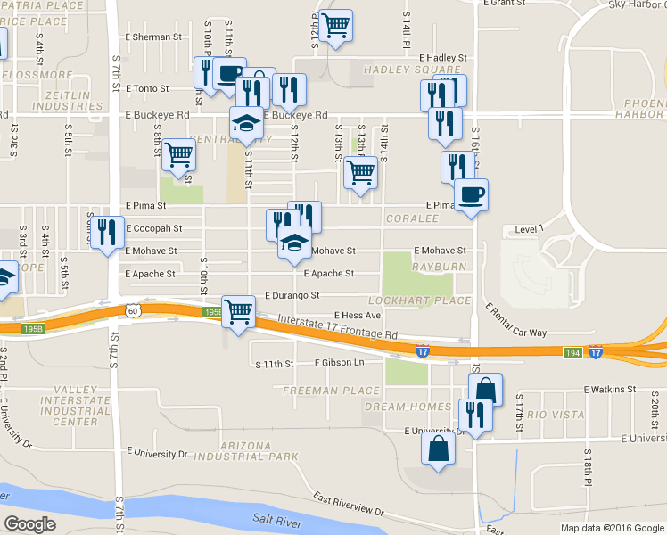 map of restaurants, bars, coffee shops, grocery stores, and more near 1220 East Apache Street in Phoenix