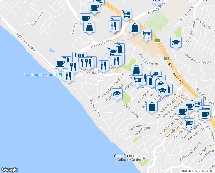 map of restaurants, bars, coffee shops, grocery stores, and more near 132A Avenida De La Grulla in San Clemente