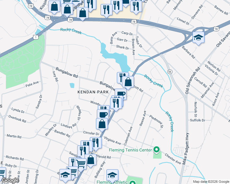 map of restaurants, bars, coffee shops, grocery stores, and more near 2501 Peach Orchard Road in Augusta