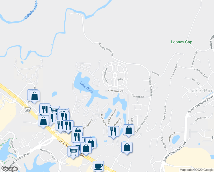 map of restaurants, bars, coffee shops, grocery stores, and more near 2184 Portobello Road in Birmingham