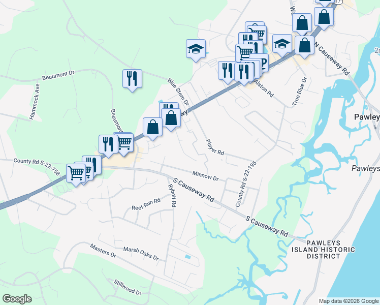 map of restaurants, bars, coffee shops, grocery stores, and more near 217 Egret Run Lane in Pawleys Island