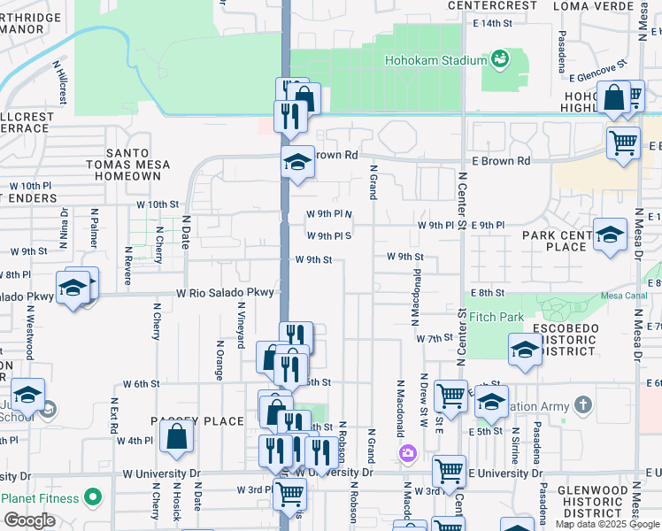 map of restaurants, bars, coffee shops, grocery stores, and more near 831 North Robson in Mesa