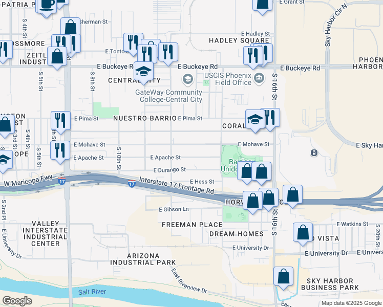 map of restaurants, bars, coffee shops, grocery stores, and more near 1220 East Apache Street in Phoenix