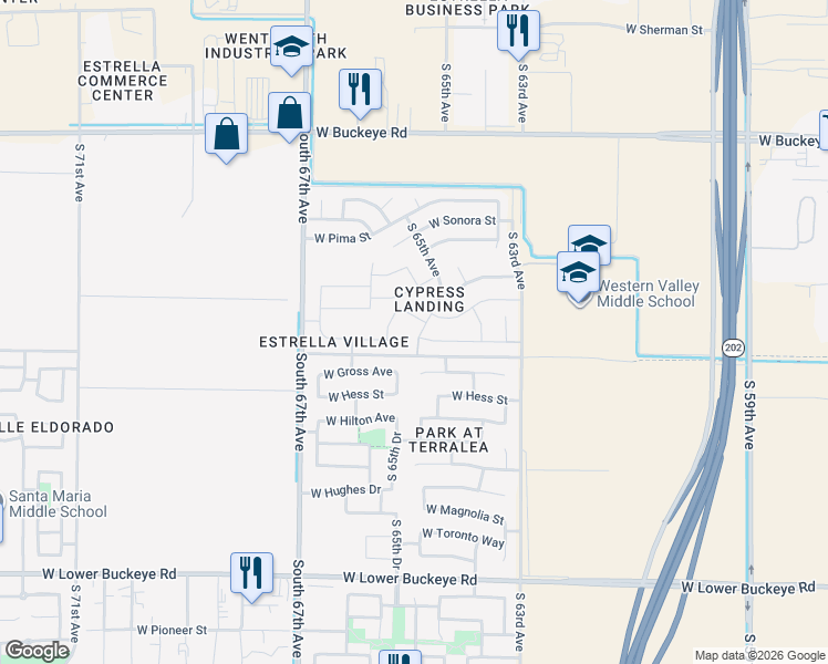 map of restaurants, bars, coffee shops, grocery stores, and more near 1902 South 65th Avenue in Phoenix