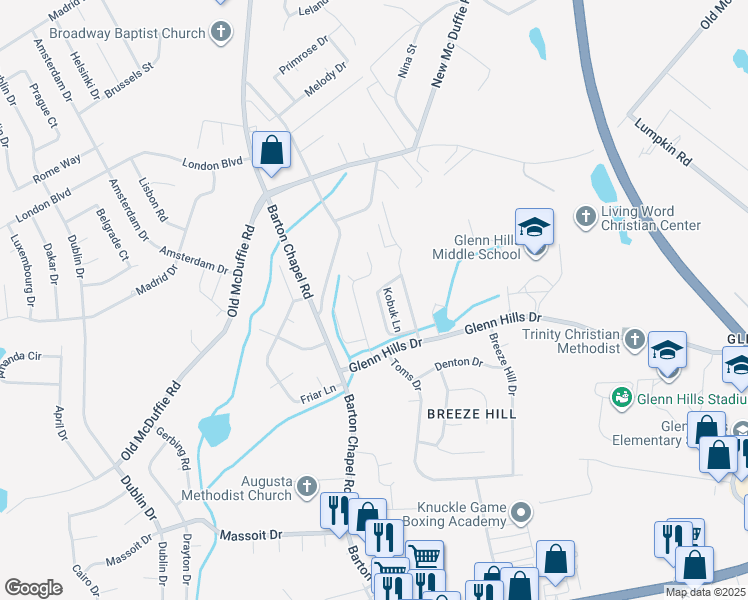 map of restaurants, bars, coffee shops, grocery stores, and more near 2524 Redoubt Circle in Augusta