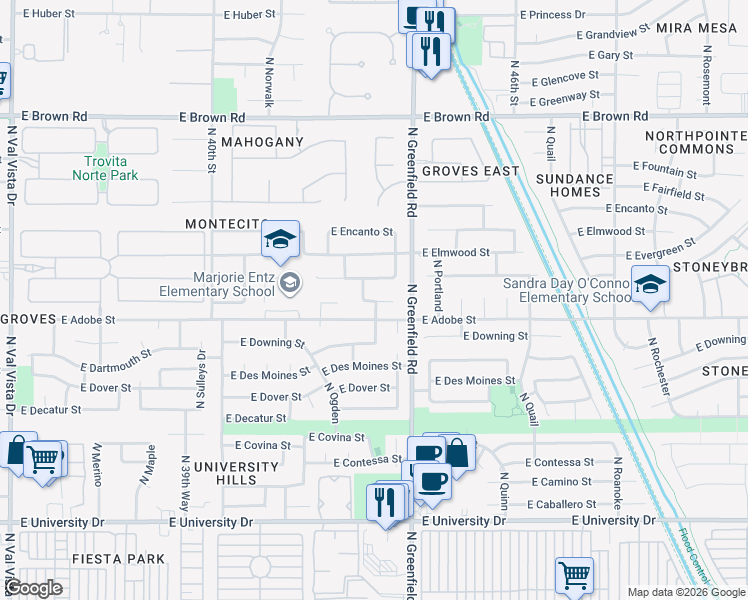 map of restaurants, bars, coffee shops, grocery stores, and more near 4328 East Ellis Circle in Mesa