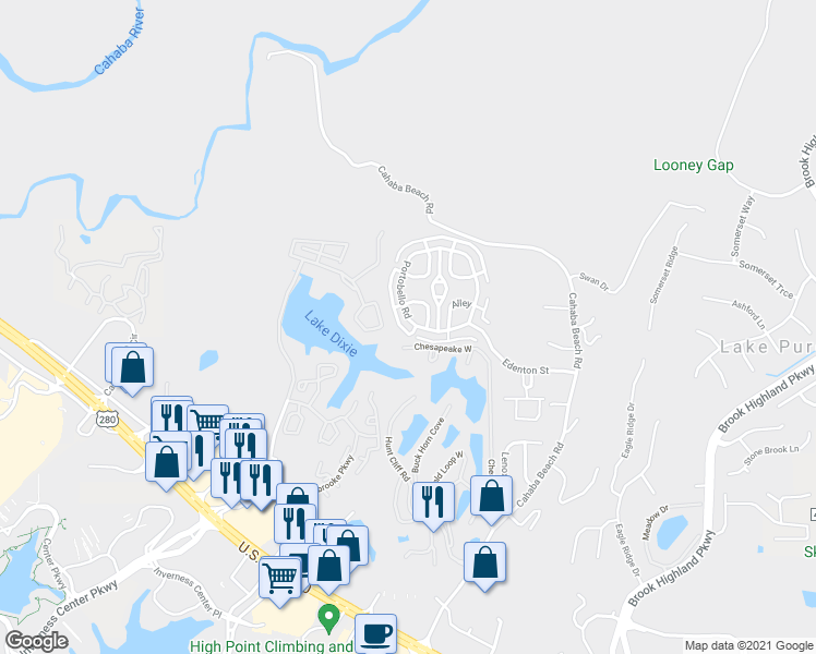 map of restaurants, bars, coffee shops, grocery stores, and more near 2184 Portobello Road in Birmingham