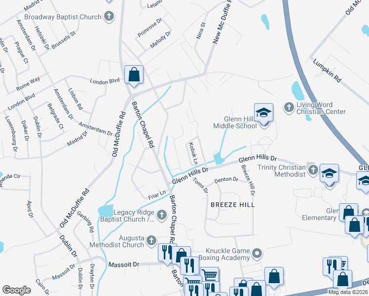 map of restaurants, bars, coffee shops, grocery stores, and more near 3516 Tullocks Hill Drive in Augusta