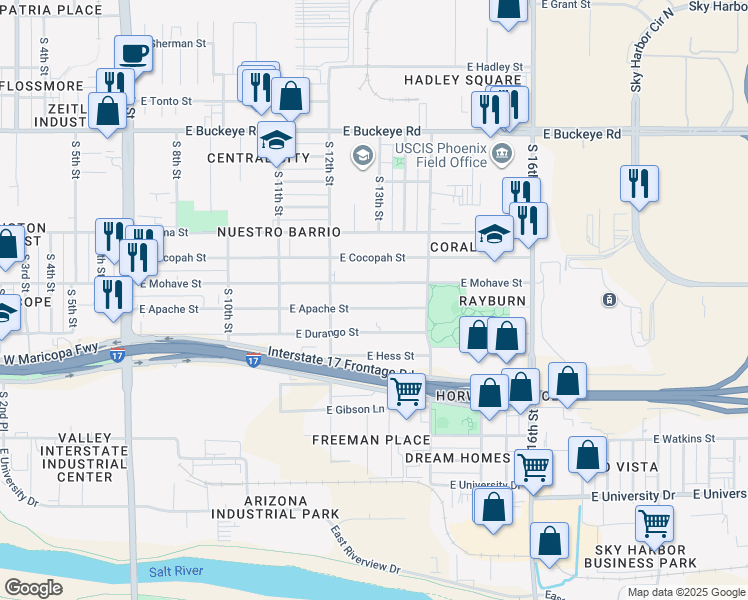 map of restaurants, bars, coffee shops, grocery stores, and more near 1220 East Apache Street in Phoenix