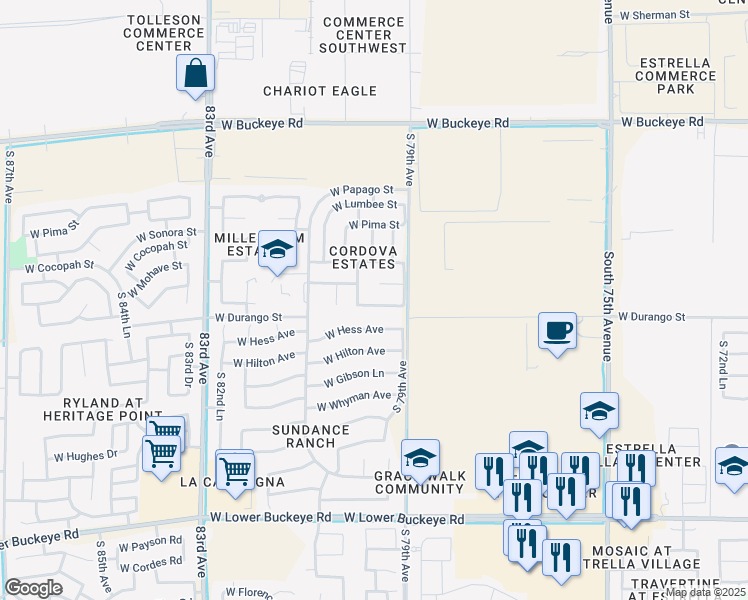 map of restaurants, bars, coffee shops, grocery stores, and more near 7930 West Chickasaw Street in Phoenix