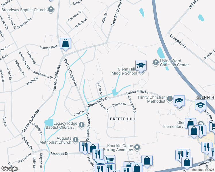 map of restaurants, bars, coffee shops, grocery stores, and more near 2424 Emery Hills Drive in Augusta