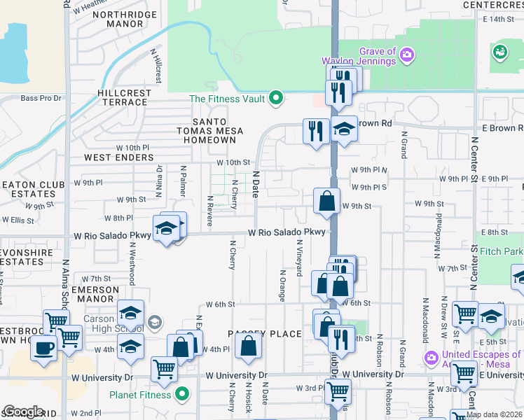map of restaurants, bars, coffee shops, grocery stores, and more near 845 North Date in Mesa