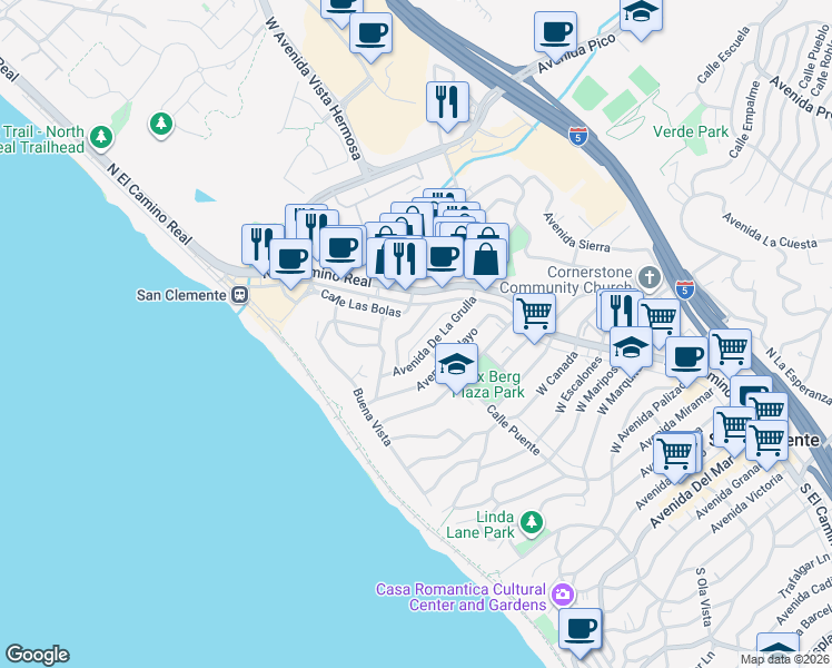 map of restaurants, bars, coffee shops, grocery stores, and more near 115 Avenida Del Reposo in San Clemente
