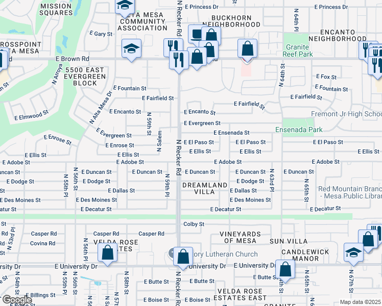 map of restaurants, bars, coffee shops, grocery stores, and more near 6035 East Ellis Street in Mesa