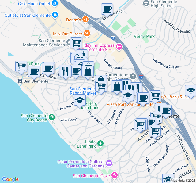 map of restaurants, bars, coffee shops, grocery stores, and more near 125 Avenida Aragon in San Clemente