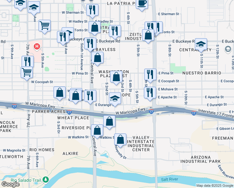 map of restaurants, bars, coffee shops, grocery stores, and more near 1707 South 2nd Place in Phoenix