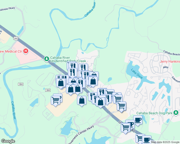 map of restaurants, bars, coffee shops, grocery stores, and more near 500 Cahaba Park Circle in Birmingham