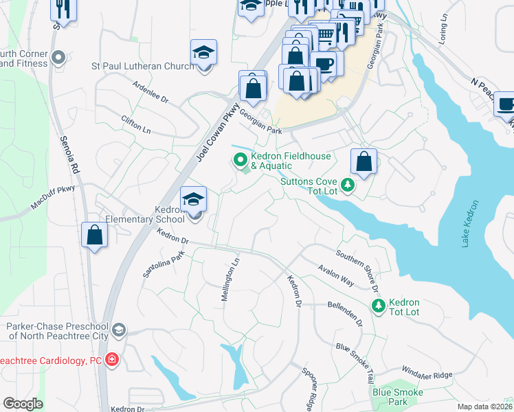 map of restaurants, bars, coffee shops, grocery stores, and more near 118 Fielding Ridge in Peachtree City