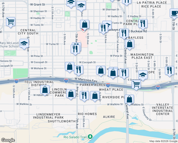map of restaurants, bars, coffee shops, grocery stores, and more near 362 West Apache Street in Phoenix