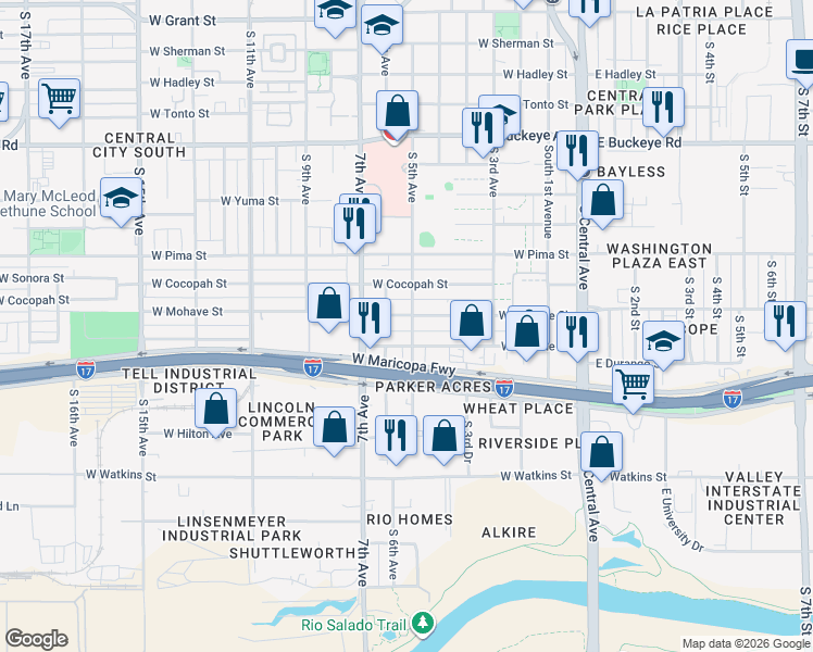 map of restaurants, bars, coffee shops, grocery stores, and more near 362 West Apache Street in Phoenix