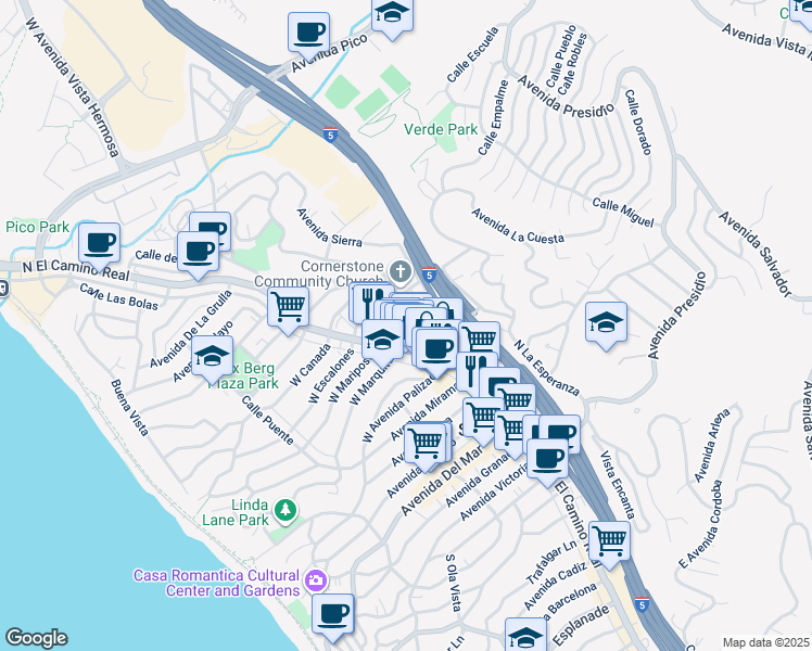map of restaurants, bars, coffee shops, grocery stores, and more near 535 North El Camino Real in San Clemente