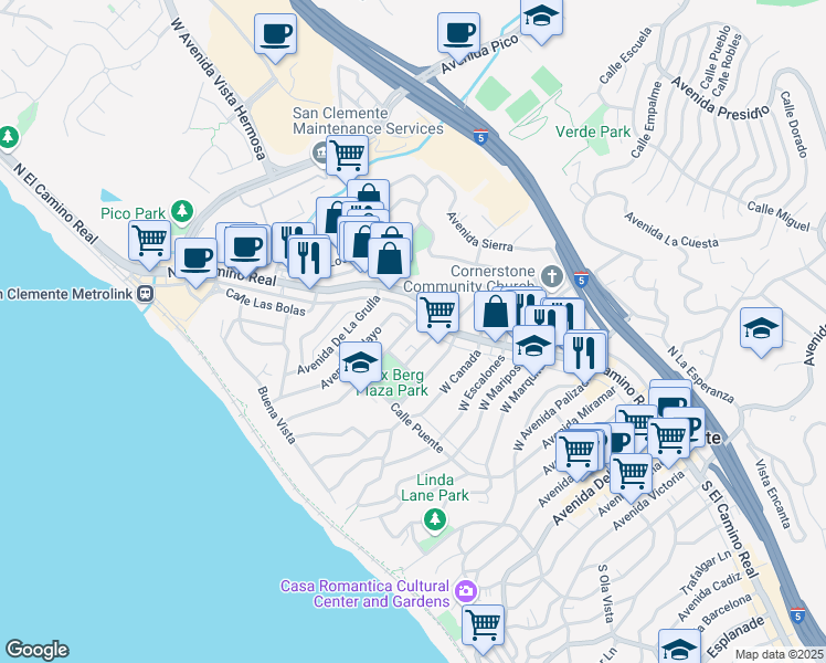 map of restaurants, bars, coffee shops, grocery stores, and more near 125 Avenida Aragon in San Clemente