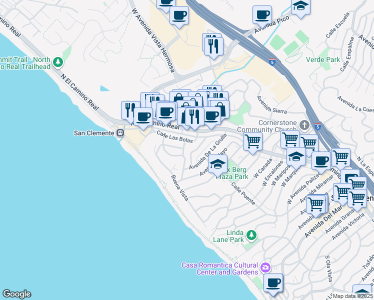 map of restaurants, bars, coffee shops, grocery stores, and more near 126 Avenida Del Reposo in San Clemente