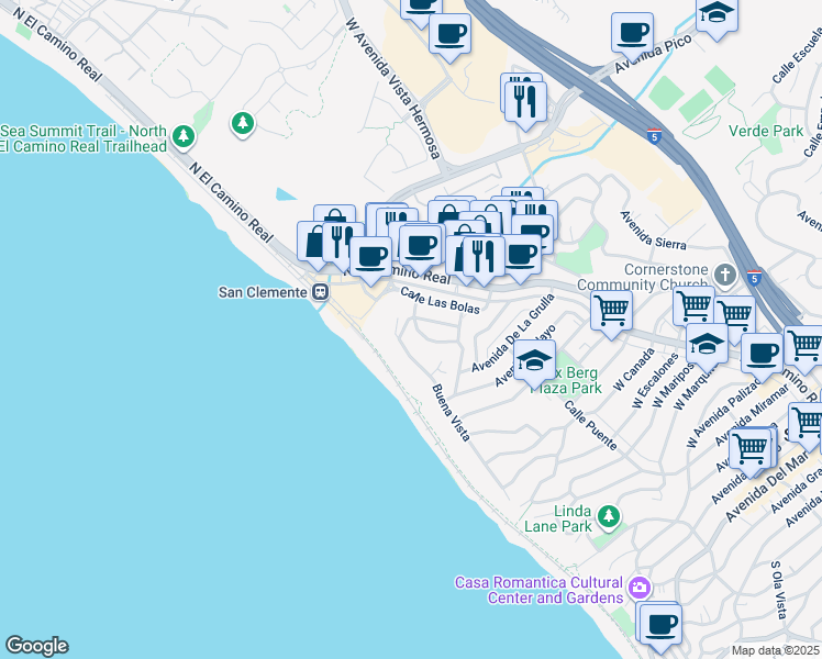map of restaurants, bars, coffee shops, grocery stores, and more near 1525 Buena Vista in San Clemente