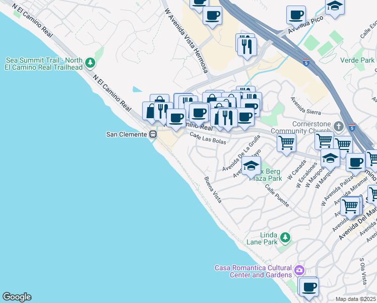 map of restaurants, bars, coffee shops, grocery stores, and more near 1525 Buena Vista in San Clemente