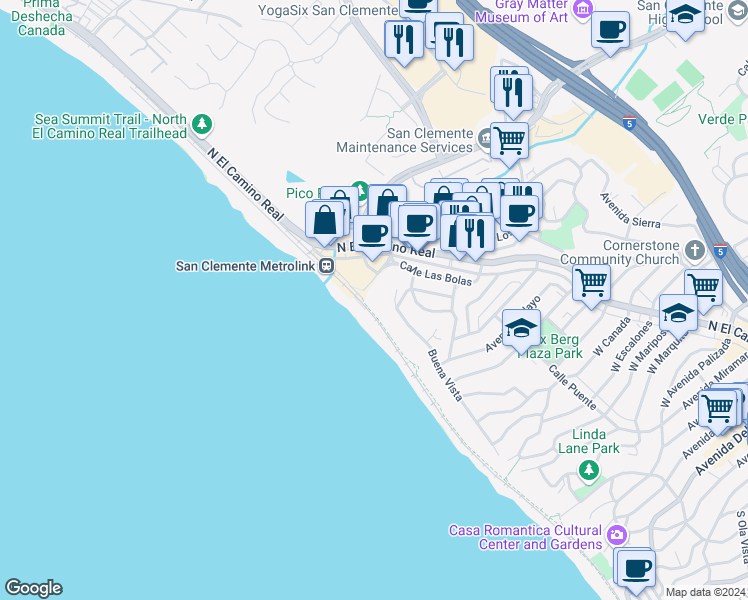 map of restaurants, bars, coffee shops, grocery stores, and more near 633 Boca De La Playa in San Clemente